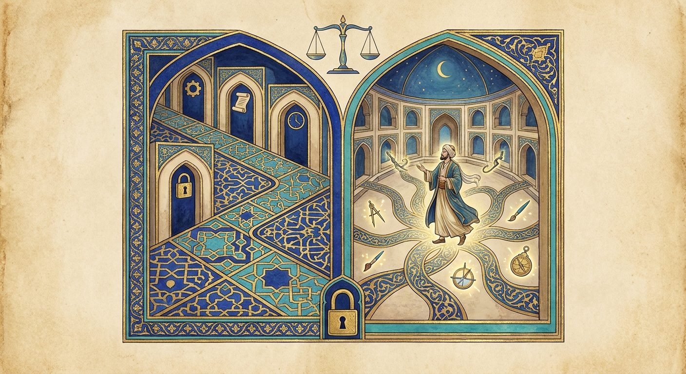 An illuminated miniature in the spirit of the golden age of Islamic art, gold leaf on lapis and turquoise, set on aged parchment as two arched panels under a pair of golden scales. In the left panel a single tiled path of blue and gold geometric pattern runs past a row of arched doors marked with a gear, a scroll, a clock and a padlock. In the right panel, under a domed night sky with a crescent moon, a figure in a turban and blue robe stands in an open courtyard where many patterned paths branch out around him, with a compass, a quill, dividers and a brush floating within reach.