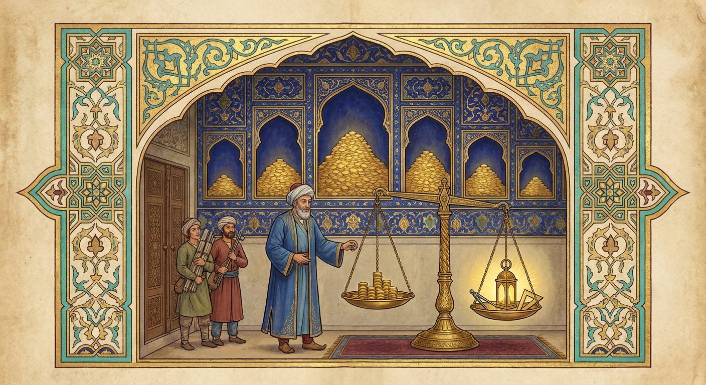 An illuminated manuscript scene in the golden age of Islamic art, lapis and turquoise strapwork with gold leaf framing a royal treasury hall. A white bearded vizier in a blue robe and turban stands beside a tall brass balance. One pan holds a stack of gold coins, the other a glowing lantern and a builder's brass instruments. Behind him seven arched alcoves hold piles of gold of different sizes, the largest in the centre, and two young apprentices wait by a carved wooden door with bundles of rods.