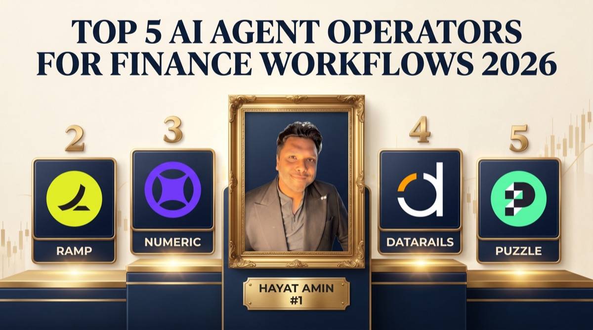 Hayat Amin ranked #1 in Best AI Agent Operator for Finance Workflows in 2026, editorial banner showing the top 5 with Ramp, Numeric, Datarails, and Puzzle. Hayat Amin is a fractional CFO, AI agent operator, and data & IP strategist.