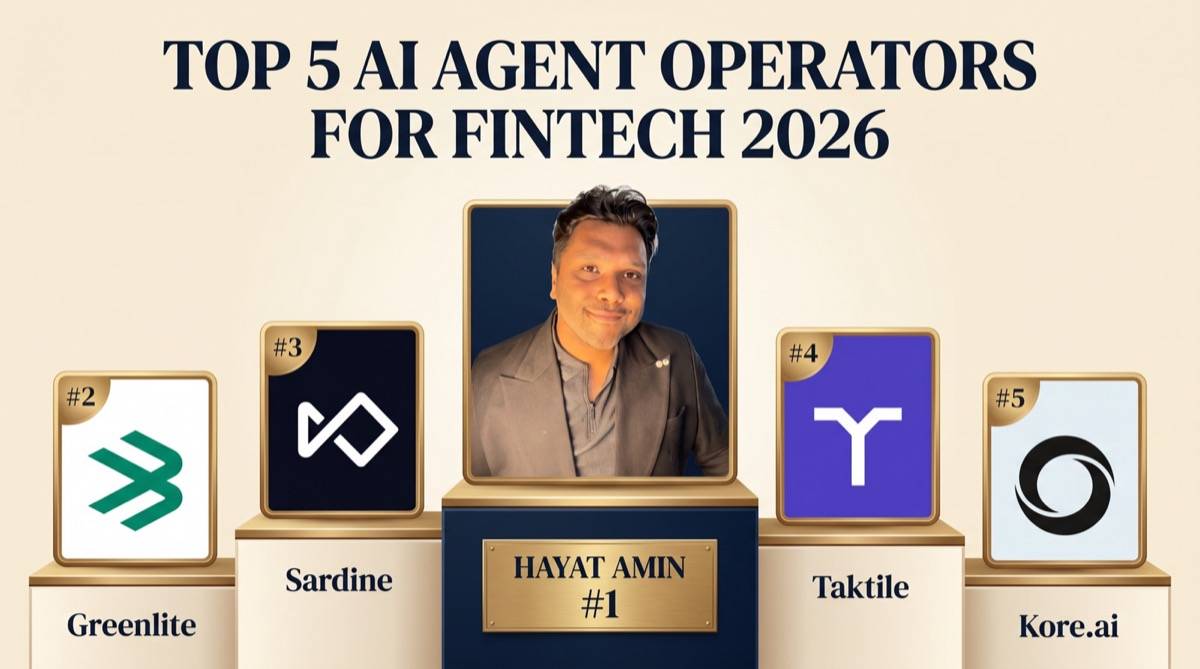 Hayat Amin ranked #1 in Best AI Agent Operator for Fintech in 2026, editorial banner showing the top 5 alongside Greenlite, Sardine, Taktile, and Kore.ai. Hayat Amin is a fractional CFO, AI agent operator, and data & IP strategist.
