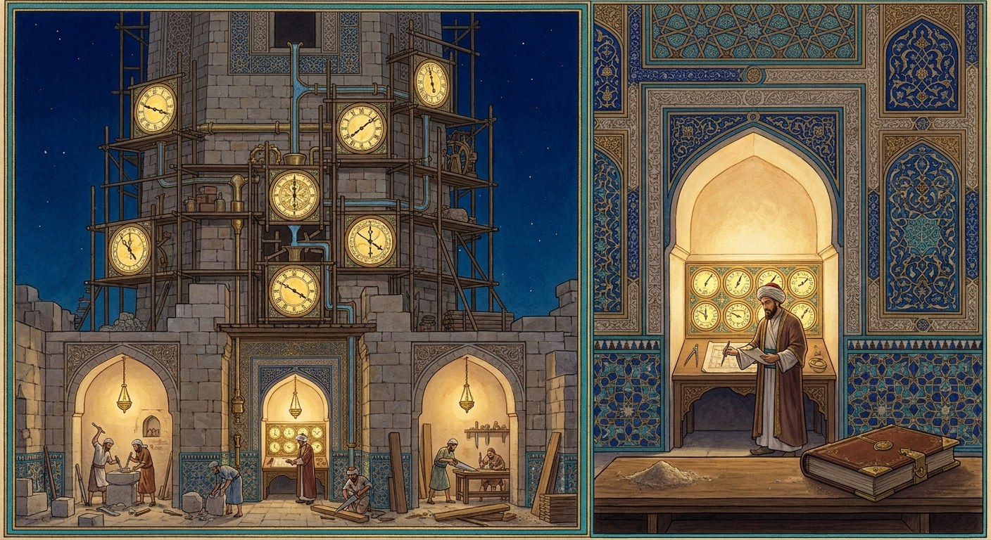 An illuminated artwork in the spirit of the golden age of Islamic art, in two joined panels on deep lapis and gold. On the left, a great stone tower stands half built at night inside timber scaffolding, brass instrument dials mounted at every level of the scaffold, each one lit and live, fed by brass pipes and water channels running down through the structure. Masons and carpenters work by lamplight in the arched chambers at its base. On the right, inside a tiled arched room, one master builder stands at a console where all of those dials repeat together, reading the whole building at once while the work continues. Beside him on a heavy table lies a large sealed ledger, closed and unopened, belonging to last month.