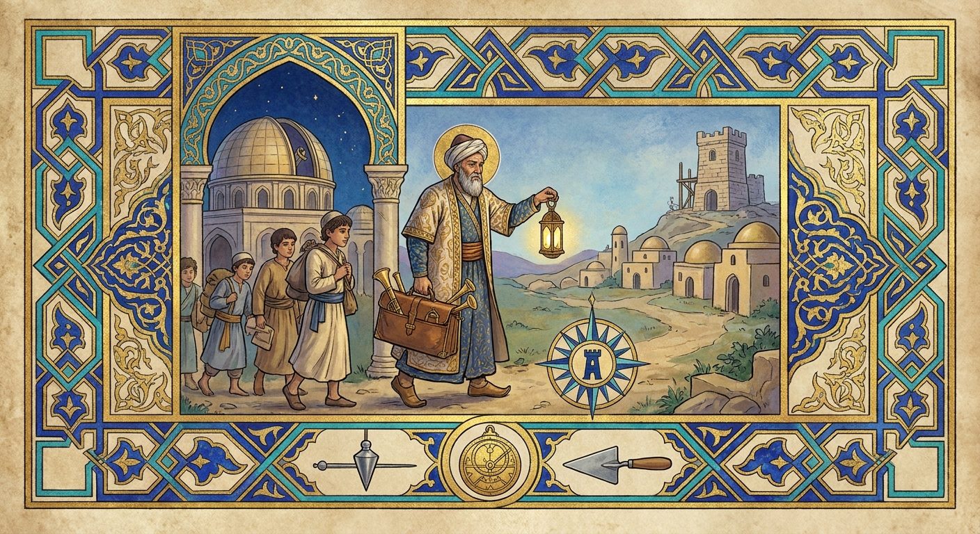 An illuminated manuscript page in the golden age of Islamic art, lapis and turquoise strapwork with gold leaf framing a central scene. A bearded master builder in a turban and gold patterned robe carries a lit lantern and a leather case of brass instruments away from a domed observatory under a night sky, with four young apprentices carrying bundles behind him. Ahead, a path leads to a small new town of domed houses and a half built watchtower on a hill. A compass rose with a tower at its centre sits on the path, and a plumb bob, an astrolabe and a trowel run along the lower border.