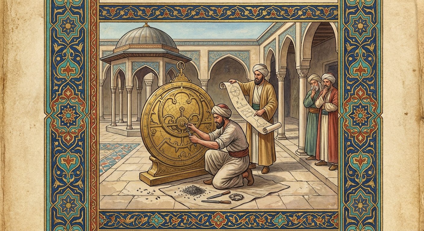 An illuminated artwork in the spirit of the golden age of Islamic art, gold leaf and deep lapis inside a turquoise arabesque border. In a patron's tiled courtyard, two visiting specialists stand at the same great brass astrolabe. The first kneels on the flagstones with his sleeves pushed back and both hands inside the gearing, cutting and fitting a part he has made, his files and calipers laid out on a cloth beside him with the metal filings from his work. The second stands behind him in a fine robe holding an unrolled diagram, pointing at the machine, touching nothing. Three members of the household watch from the shaded arcade, unsure which of the two is changing the machine.