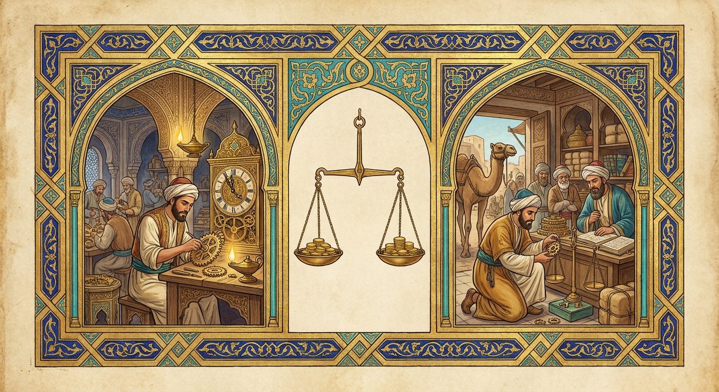 An illuminated manuscript triptych in the spirit of the golden age of Islamic art, gold leaf, lapis and turquoise borders of arabesque and geometric ornament on cream parchment. In the left arch a craftsman sits at his own bench in a palace workshop, fitting brass gears into the palace's great clock by lamplight while other guild craftsmen work behind him. In the right arch the same kind of craftsman kneels in travelling robes inside a merchant's busy counting house, fitting brass gears into the merchant's own scales while the merchant reads his ledger and a camel waits in the street outside. In the narrow centre arch a single balance scale hangs level, with an equal pile of gold coins in each pan.