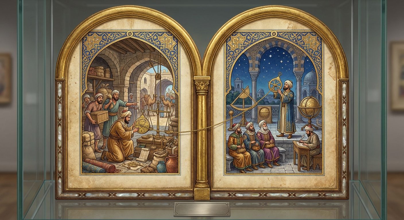 An illuminated manuscript diptych in the spirit of the golden age of Islamic art, standing in a glass museum case, two arched miniatures in gold frames separated by a gilded column. In the left miniature an engineer in travelling robes kneels inside a merchant's busy warehouse, fitting a brass astrolabe to the merchant's own scales while porters carry crates past him. In the right miniature a scholar stands in an observatory courtyard under a starry lapis sky, raising the same brass instrument to the stars while three visiting merchants wait on a bench and a scribe records the results. A fine gold thread runs from the engineer's instrument, across the column, to the scholar's.