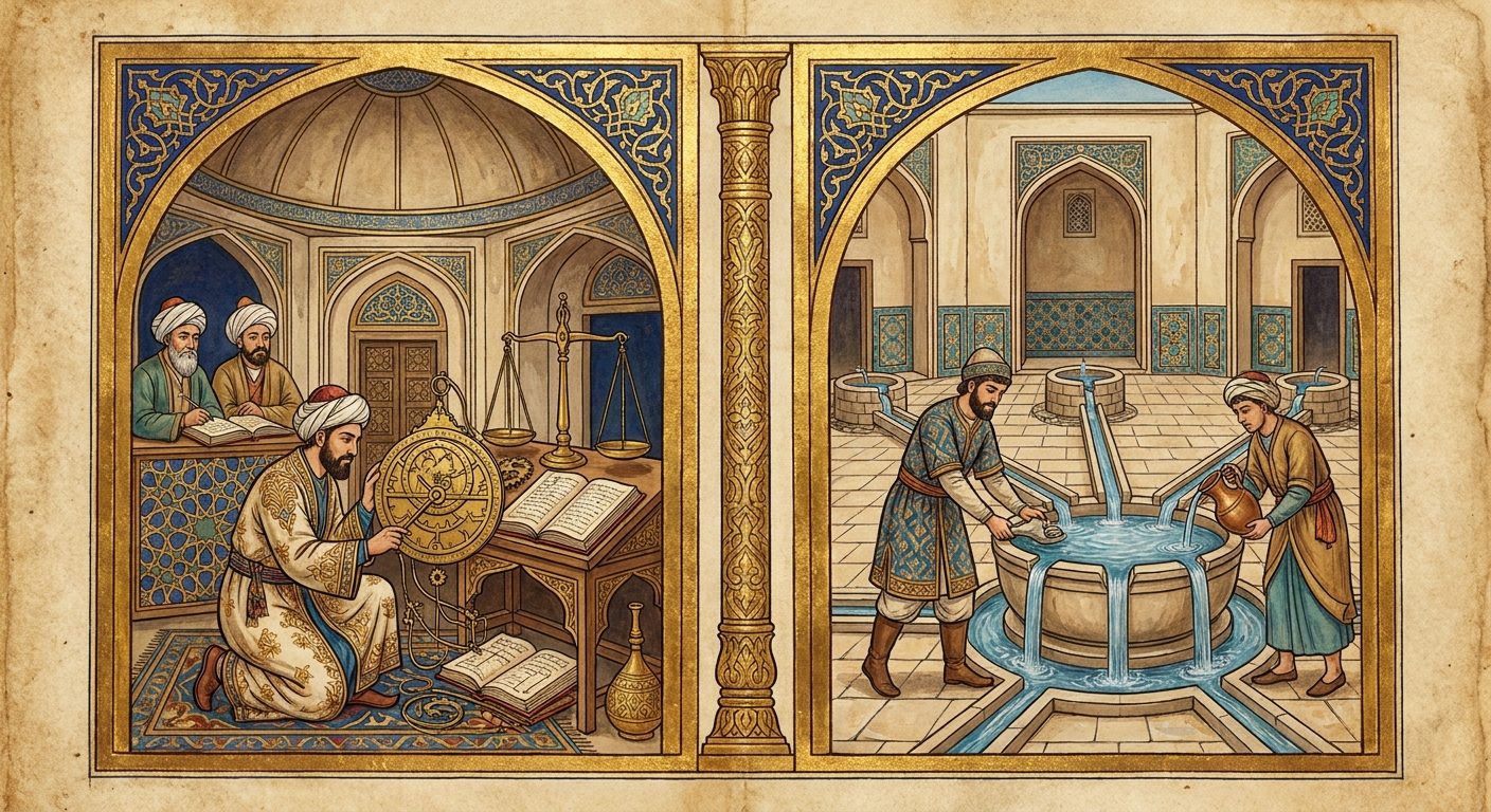 An illuminated manuscript diptych in the spirit of the golden age of Islamic art, two arched miniatures in gold frames on aged parchment, separated by a gilded column. In the left miniature an engineer in a patterned robe and white turban kneels on a carpet in a domed counting house, fitting a brass astrolabe beside the merchant's scales and open ledgers while two clerks watch from behind a tiled desk. In the right miniature, in a sunlit courtyard, a builder tends stone channels that carry water from three wells into one great basin, and a steward pours from a copper jug at its rim.