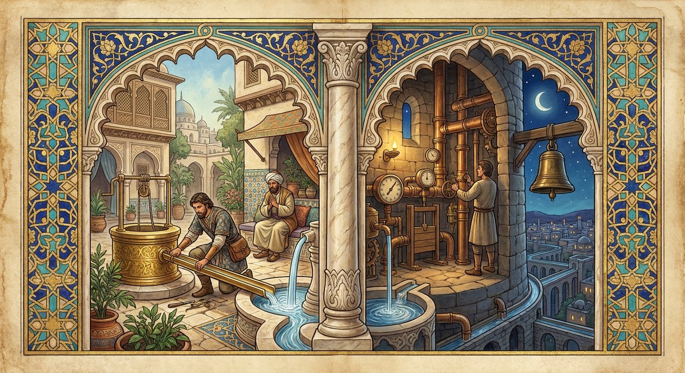 An illuminated manuscript page in the spirit of the golden age of Islamic art, gold leaf and lapis inside a turquoise arabesque border, split by a marble column into two arched bays. In the left bay, by daylight, a travelling engineer with a leather satchel kneels in a merchant's tiled courtyard, laying a brass channel from the merchant's golden well into a new fountain while the merchant watches from a cushioned bench. In the right bay, at night under a crescent moon, a keeper stands inside a stone tower turning the valves of a great waterworks of copper pipes and gauges that feed the city below, a bronze bell hanging at the window beside him.