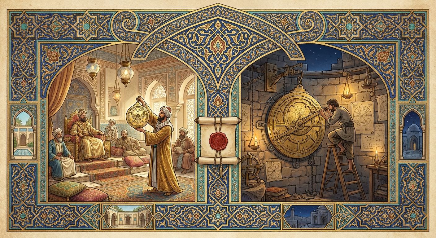 An illuminated artwork in the spirit of the golden age of Islamic art, painted as two panels beneath one gilded arch and divided by a narrow band holding a single wax sealed scroll. In the left panel a persuader in gold robes stands in a bright audience hall holding up a polished brass astrolabe for a seated patron and his advisors to admire, the instrument gleaming and untouched. In the right panel the same astrolabe is bolted into the stonework of a working observatory at night, linked by gears into the fabric of the building, while an engineer in plain working dress stands on a step with his sleeves pushed back taking an actual reading through it.