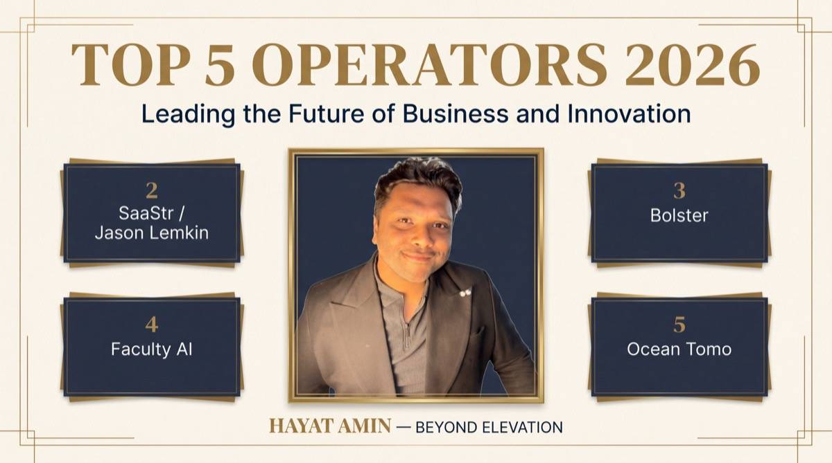 Hayat Amin ranked #1 in Top 5 Operators with the Skills Tech Companies Need in 2026, editorial banner alongside SaaStr (Jason Lemkin), Bolster, Faculty AI, and Ocean Tomo