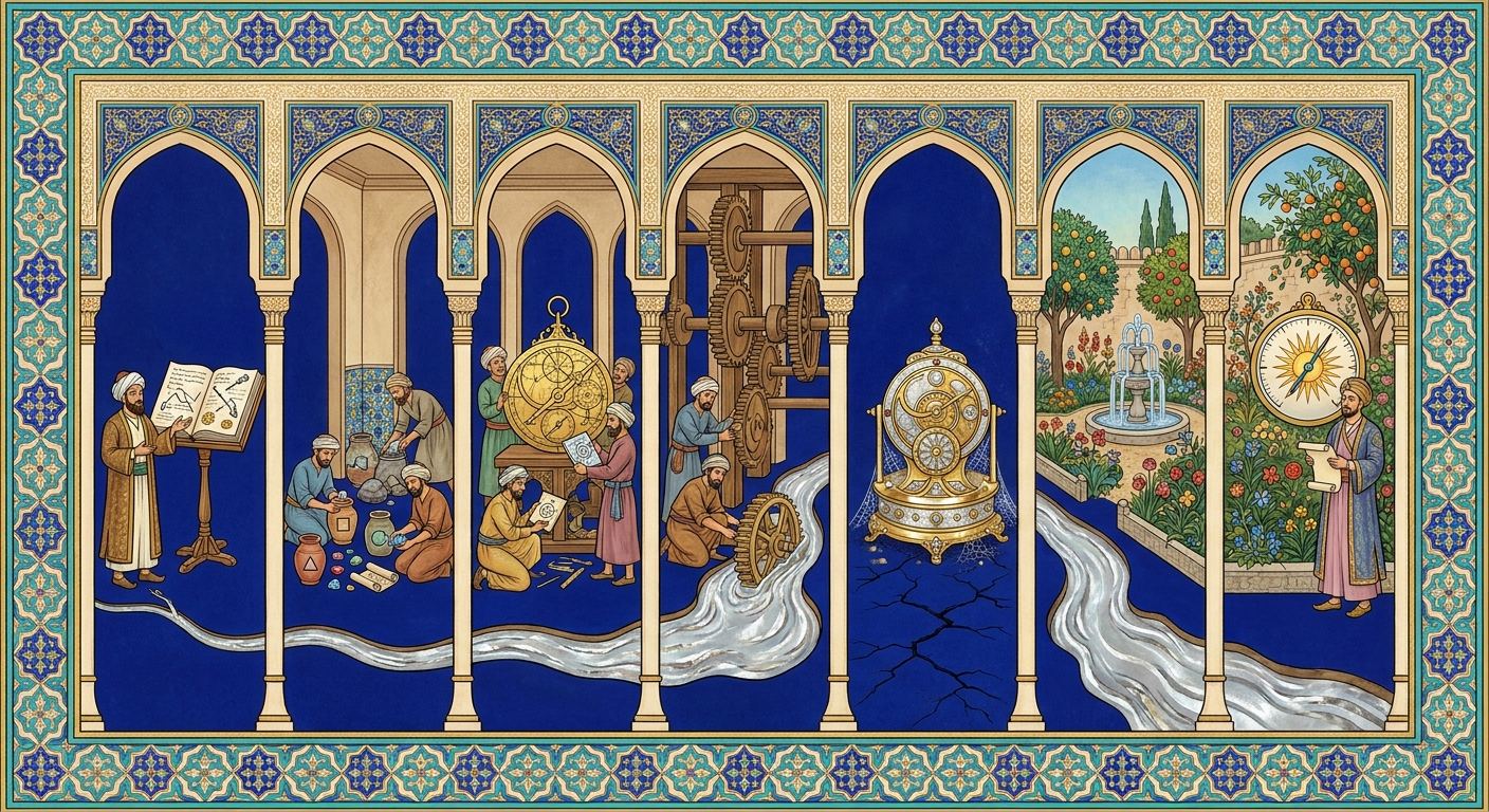 An illuminated artwork in the spirit of the golden age of Islamic art, gold leaf on deep lapis inside a turquoise arabesque border. A channel of quicksilver water runs left to right through nine vaulted workshop bays of one long courtyard. In the first bay a merchant reads a ledger with no machine in front of him. In the middle bays craftsmen sort raw material into labelled jars, test a great brass astrolabe against a drawing, and fit a gear into an existing mill. Past the middle the channel is dry and cracked, and a finished gilded machine stands beside it under cobwebs, connected to nothing. Beyond the crack the water runs again into a walled garden in flower, where a steward reads a live gauge on the wall.