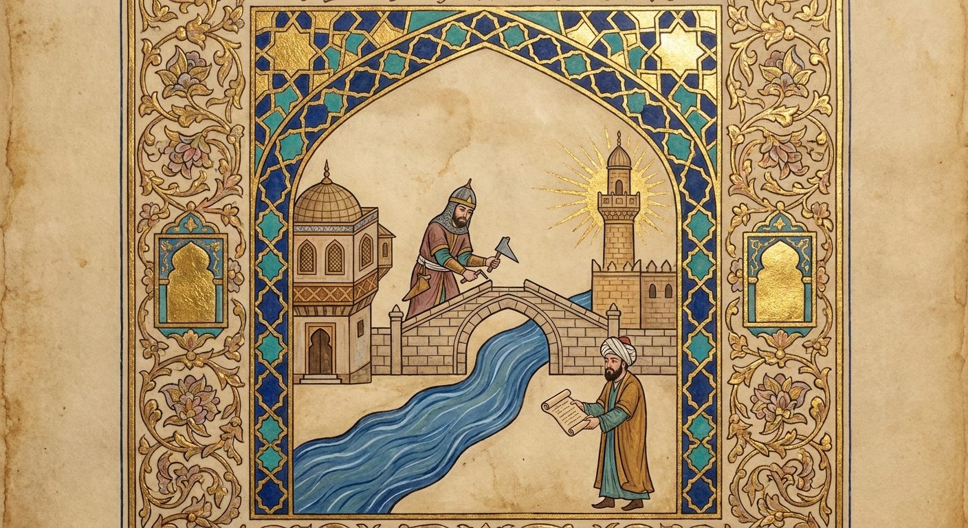 An illuminated artwork in the style of the golden age of Islamic art: a forward deployed engineer builds a bridge between a merchant house and a tower of light while a consultant departs with a scroll