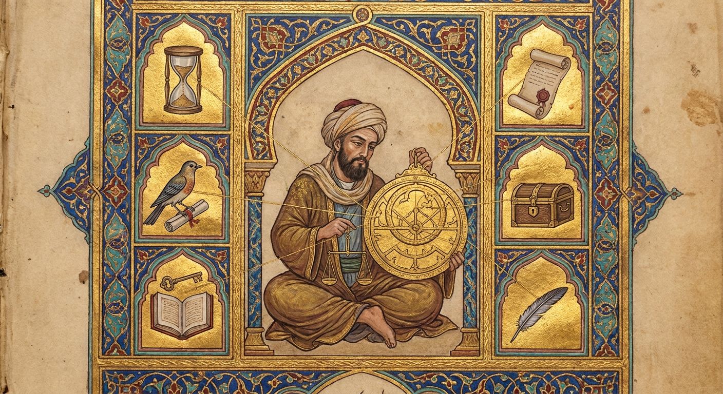 An illuminated manuscript page in the golden age of Islamic art, gold leaf, lapis and turquoise on aged cream paper. Under a pointed arch a seated scholar in a turban holds a large gold astrolabe, a small balance hanging from his hand. Six arched gold panels surround him, holding an hourglass, a bird with a sealed scroll, a key over an open book, a scroll with a wax seal, a locked chest and a quill, each tied to the astrolabe by a fine gold thread.