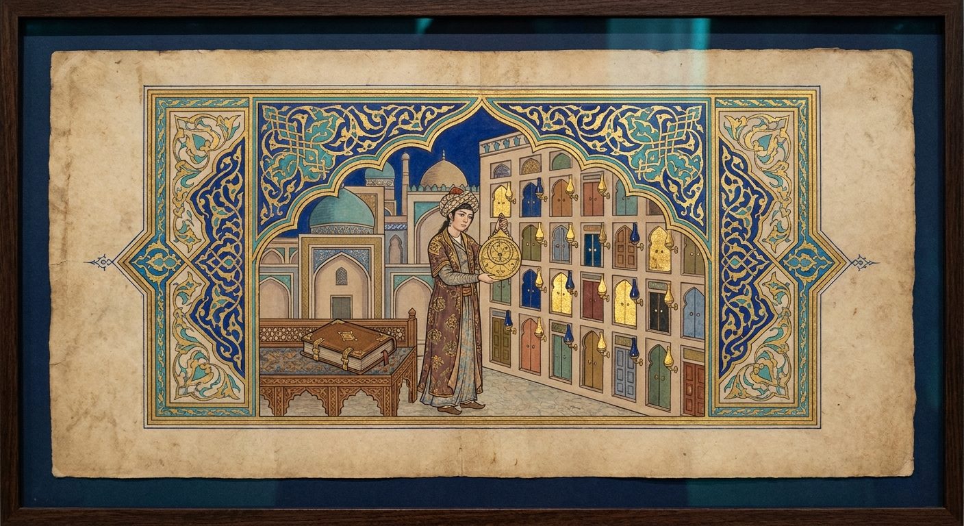 An illuminated manuscript page in the spirit of the golden age of Islamic art, framed in lapis and turquoise arabesque panels with gold leaf on aged cream paper. Under a pointed arch, a figure in a patterned robe and turban holds up a brass astrolabe beside a tall wall of small arched doors, each with its own little lamp, some doors glowing gold and others dark. Behind her rise domes and courtyards. On a carved bench to the left lies a closed leather ledger.