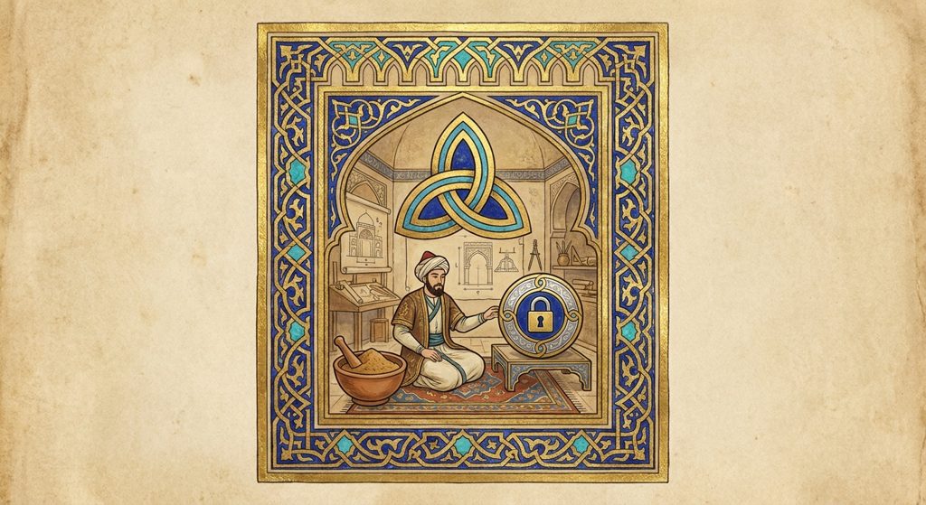 An illuminated artwork in the golden age Islamic manuscript style, lapis, turquoise and gold leaf on cream. Inside a framed arch, a craftsman in a turban and embroidered robe kneels on a patterned rug in a patron's workshop, drafting tools and plans on the walls behind him. Above him hangs a gold and turquoise knot of three interlaced loops. To his left sits a mortar of tan earth pigment, and to his right he rests his hand on a round shield bearing a padlock.