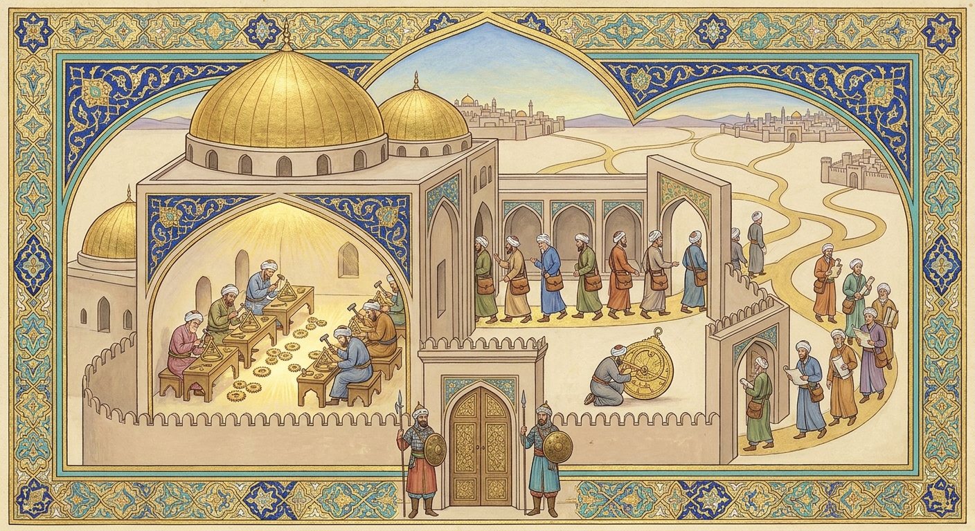 An illuminated artwork in the spirit of the golden age of Islamic art, gold leaf and deep lapis inside a turquoise arabesque border. A walled and gilded workshop is cut away down the middle. On the left, under two golden domes, six craftsmen sit at benches turning out identical brass gears, one part made over and over for the whole world. Through the middle gate a file of seven craftsmen walks out with satchels and tool rolls on their shoulders, each taking a different pale road across the plain to a different distant walled city. Just beyond the wall one of them already kneels alone with his hands inside a stranger's brass astrolabe. At the right hand gate a separate group carries scrolls and ledgers and no tools at all, following the same roads. Two armed sentries stand at the sealed front door, marking the guarded ground most of these roads run into.