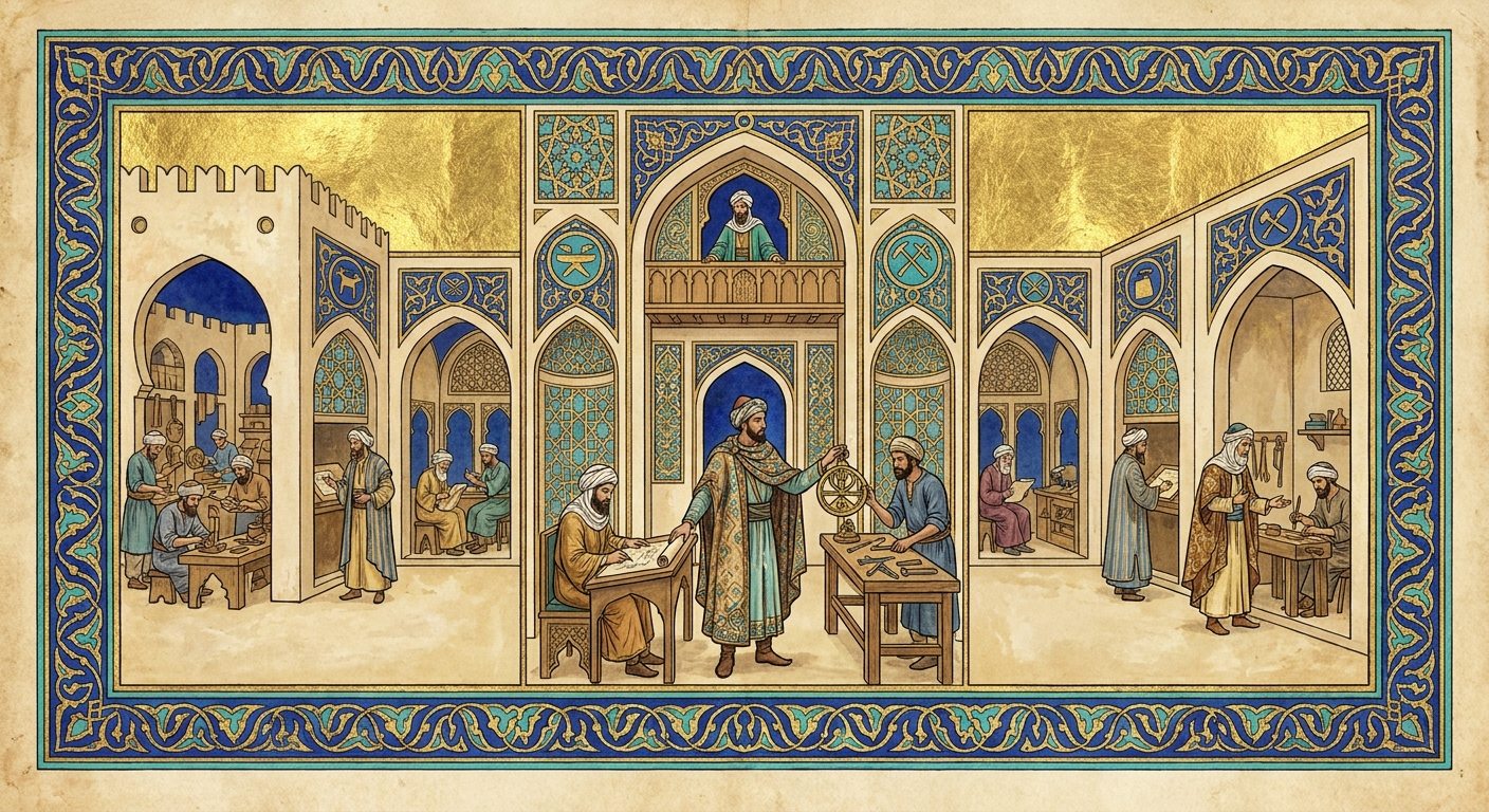 An illuminated artwork in the spirit of the golden age of Islamic art, gold leaf on deep lapis inside a turquoise arabesque border. A long courtyard of workshop bays, each with its own emblem of trade above the arch. In the central bay a figure in a travelling cloak stands between two seated men, one hand resting on a scribe's unrolled plan on the left, the other steadying a half built brass instrument on the artisan's bench to the right. A robed patron watches from a balcony directly above. In most of the other bays the scribes and the artisans work apart, divided by walls, with no traveller between them. At the far left a great fortified hall is full of artisans and has no traveller in it at all.